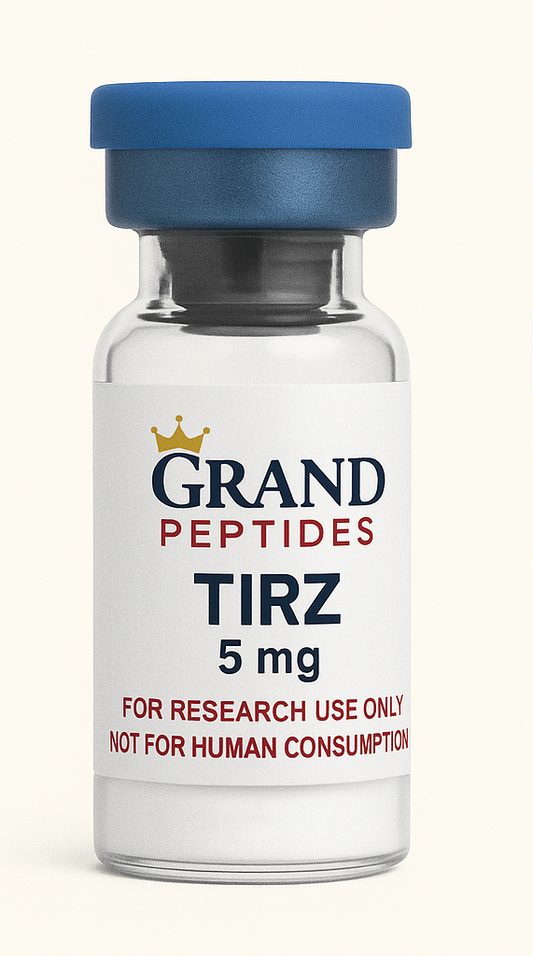 Vial labeled 'Grand Peptides Tirz 5 mg' with blue cap on a white background.